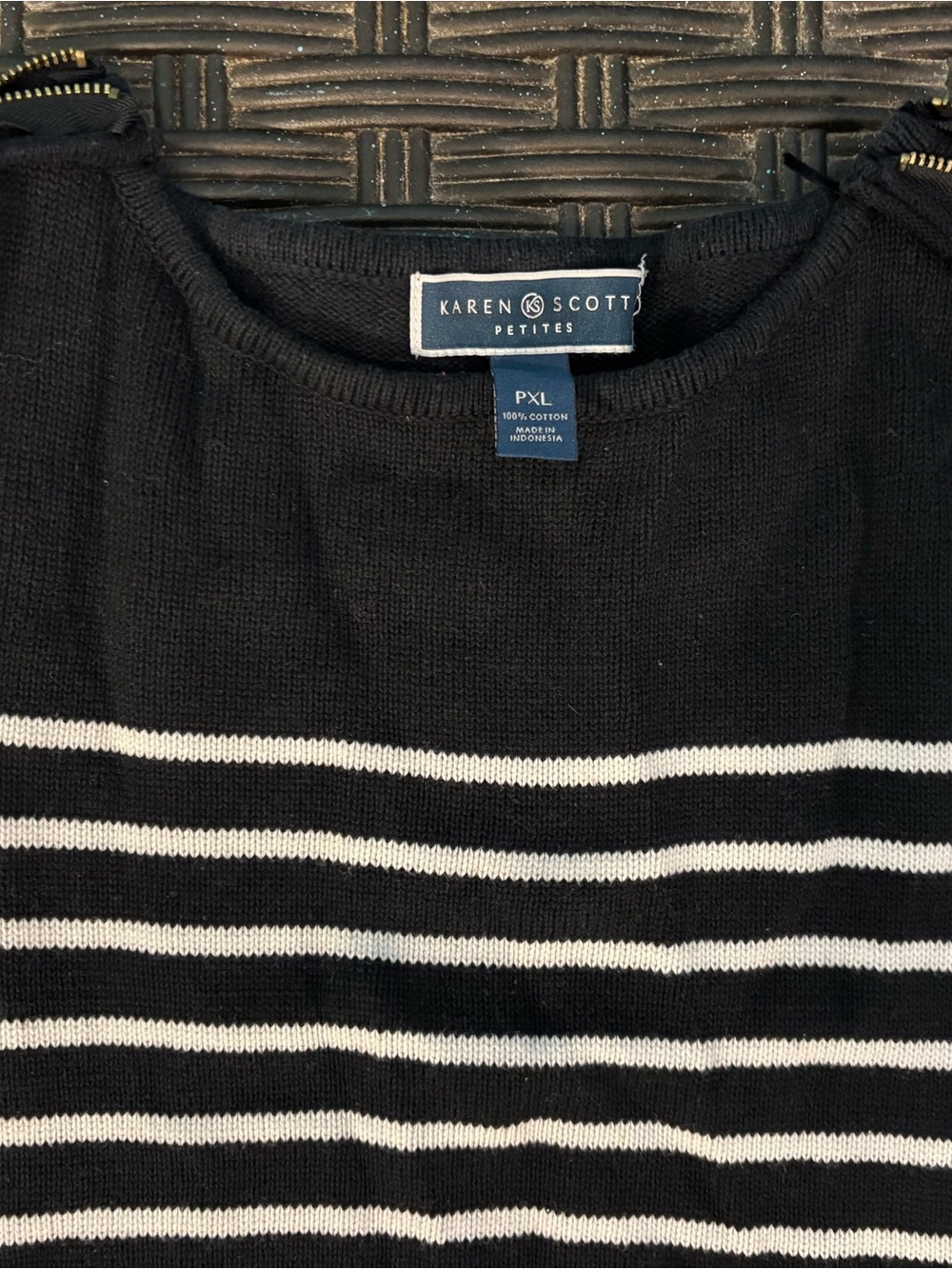 Women’s Karen Scott Petite Black & White Striped Crewneck Knit Top